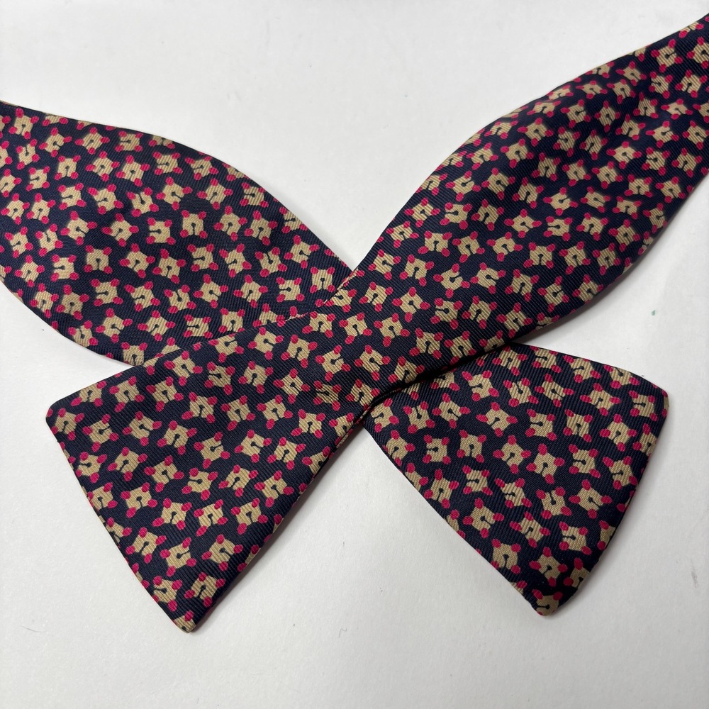 Rodes Louisville Mens Silk Bow Tie Adjustable Navy Red Tan Geometric Pattern